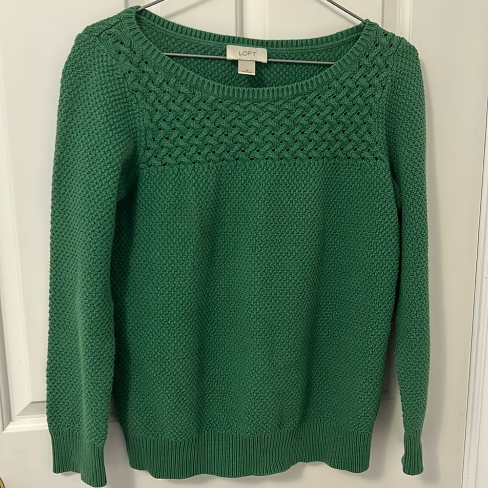 LOFT WIDE CREWNECK GREEN KNIT SWEATER